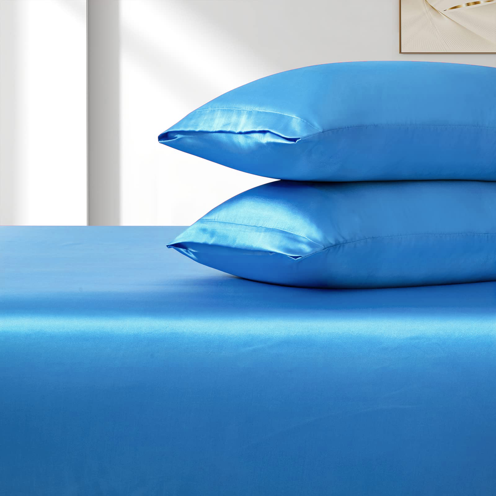 Satin Fitted Sheet Set Hotel 3 Pieces Fitted Sheet with Pillowcase, Art Silk Bedding Set-Luxury Soft Silky Sheets for Hair and Skin, Similar to Silk Fitted Sheets Set 3 Pieces(Queen,Ocean)