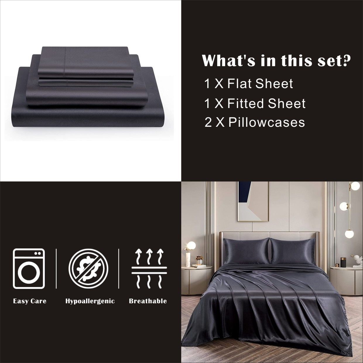 Art Silk Satin Sheet Set Hotel 4 Pieces Fitted/Flat Sheet Bedding Set-Luxury Soft Silky Sheets for Hair and Skin, Similar to Silk Bed Sheets Set 4 Pieces(Super King,Black)
