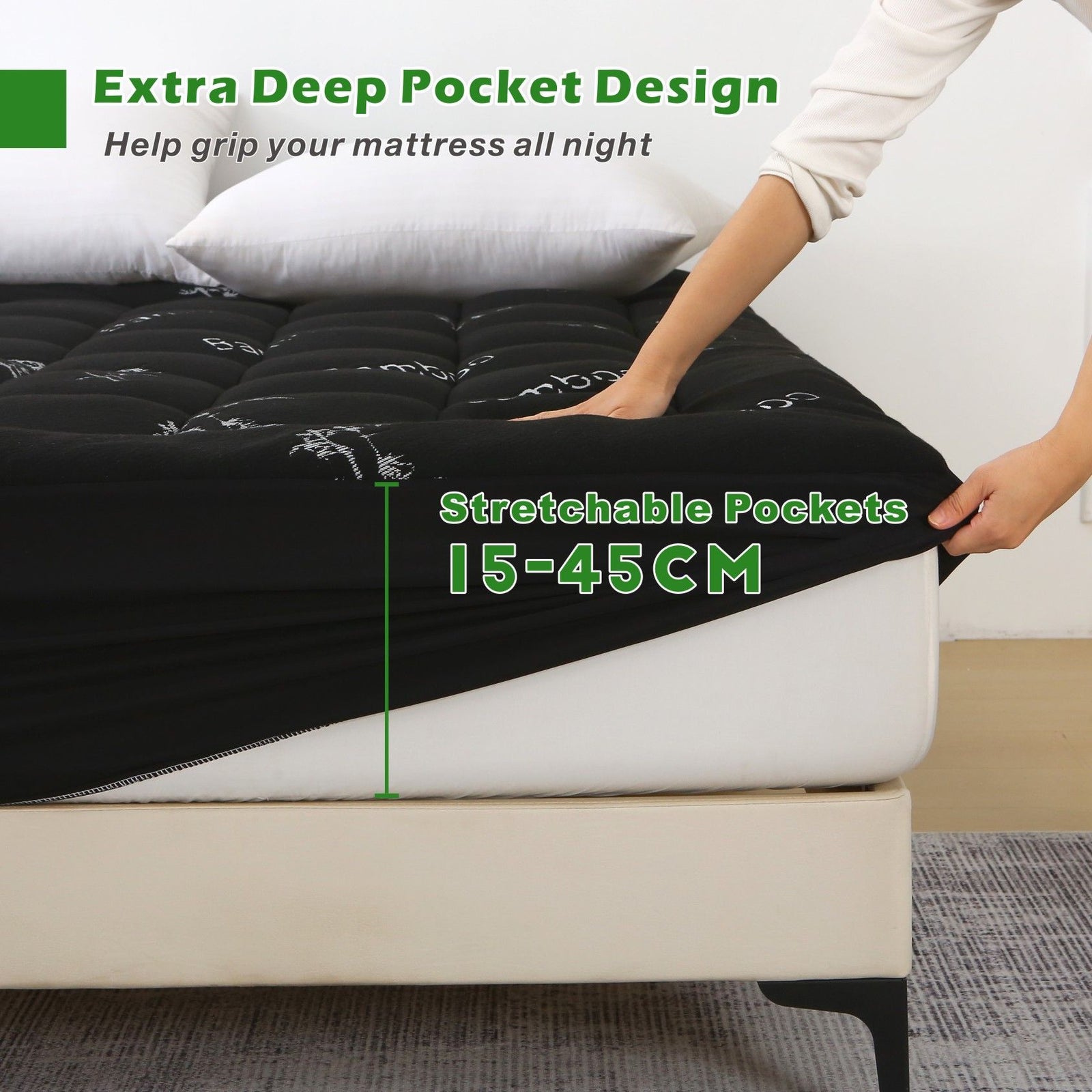 800GSM Mattress Topper Viscose Derived from Bamboo, Thick Pillowtop Fitted Mattress Cover with 45cm Deep Skirt - Machine Washable Hypoallergenic(King,Black)