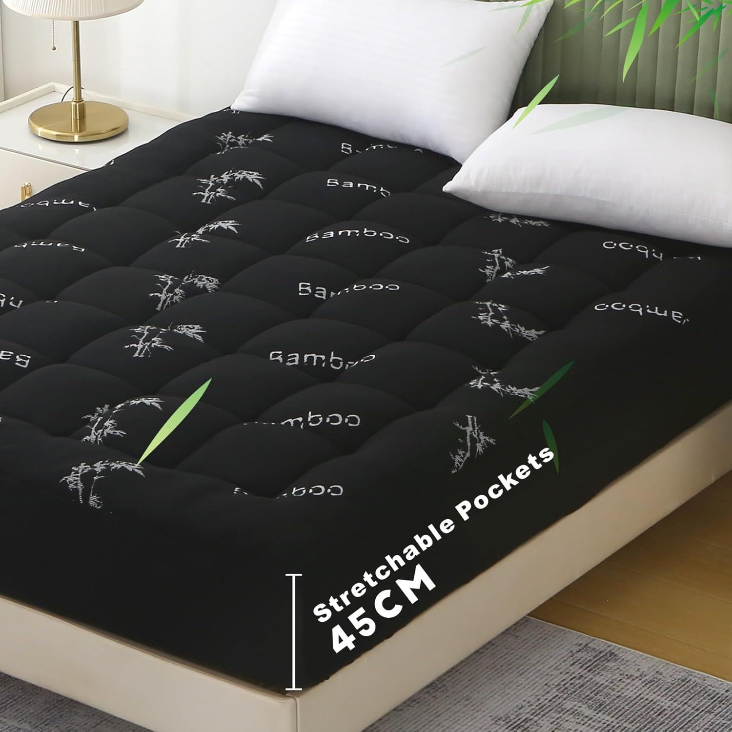 800GSM Mattress Topper Viscose Derived from Bamboo, Thick Pillowtop Fitted Mattress Cover with 45cm Deep Skirt - Machine Washable Hypoallergenic(Super King,Black)