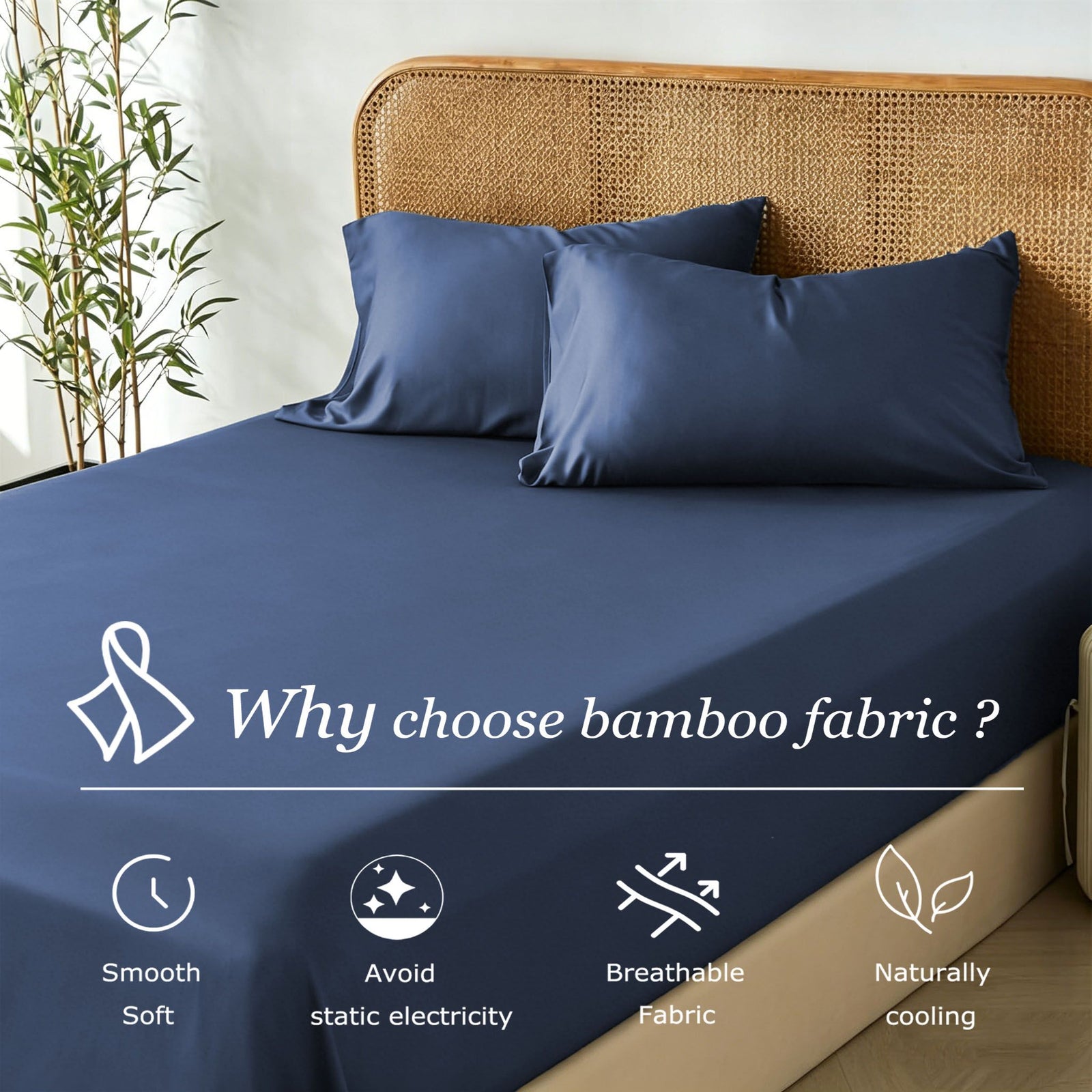 3 Piece Hotel Bamboo Cooling Fitted Sheet Set & Pillowcase -Ultra Soft 2000TC Breathable Fitted Bed Sheets Set with 37 Centimetre Deep Pocket-Cooling Sheets for Hot Sleepers(Navy,Double)