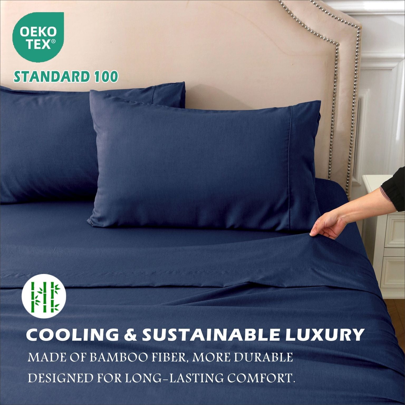 4 Piece Hotel Bamboo Cooling Sheet Set -Ultra Soft 2000TC Breathable Bed Sheets Set with 37 Centimetre Deep Pocket-Cooling Sheets for Hot Sleepers(Navy,Double)