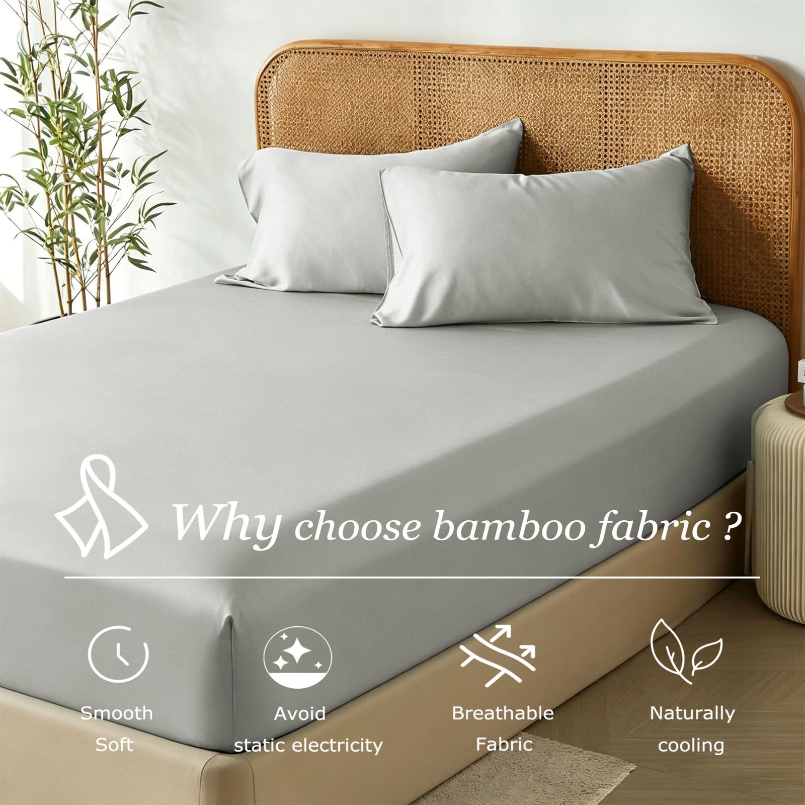 3 Piece Hotel Bamboo Cooling Fitted Sheet Set & Pillowcase -Ultra Soft 2000TC Breathable Fitted Bed Sheets Set with 37 Centimetre Deep Pocket-Cooling Sheets for Hot Sleepers(Silver-gray,King)
