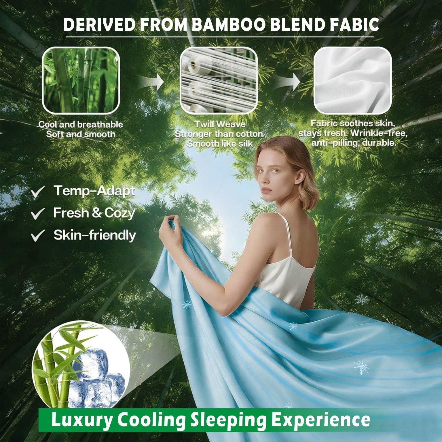 3 Piece Hotel Bamboo Cooling Sheet Set -Ultra Soft 2000TC Breathable Bed Sheets Set with 37 Centimetre Deep Pocket-Cooling Sheets for Hot Sleepers(Sky Blue,King Single)
