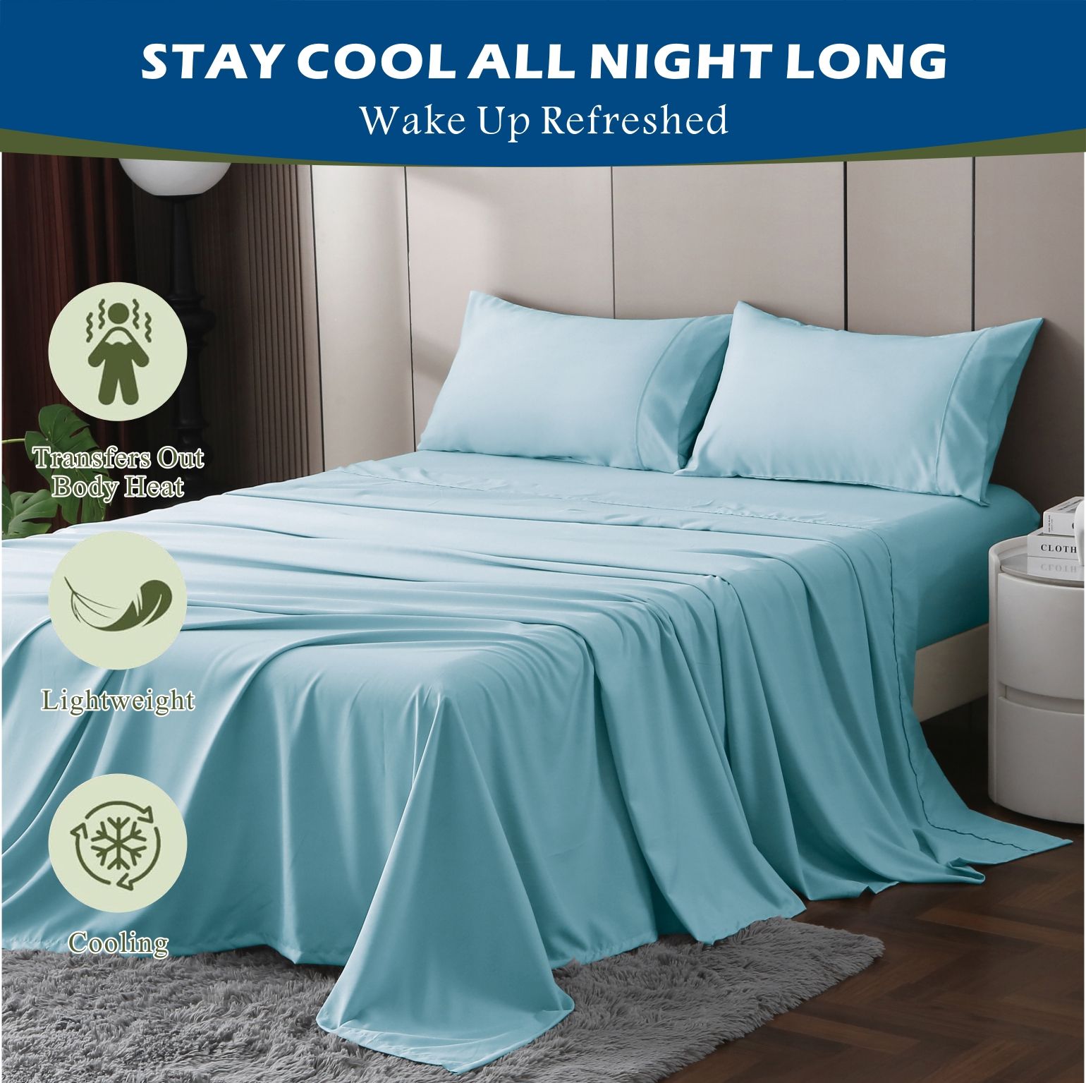 3 Piece Hotel Bamboo Cooling Sheet Set -Ultra Soft 2000TC Breathable Bed Sheets Set with 37 Centimetre Deep Pocket-Cooling Sheets for Hot Sleepers(Sky Blue,King Single)
