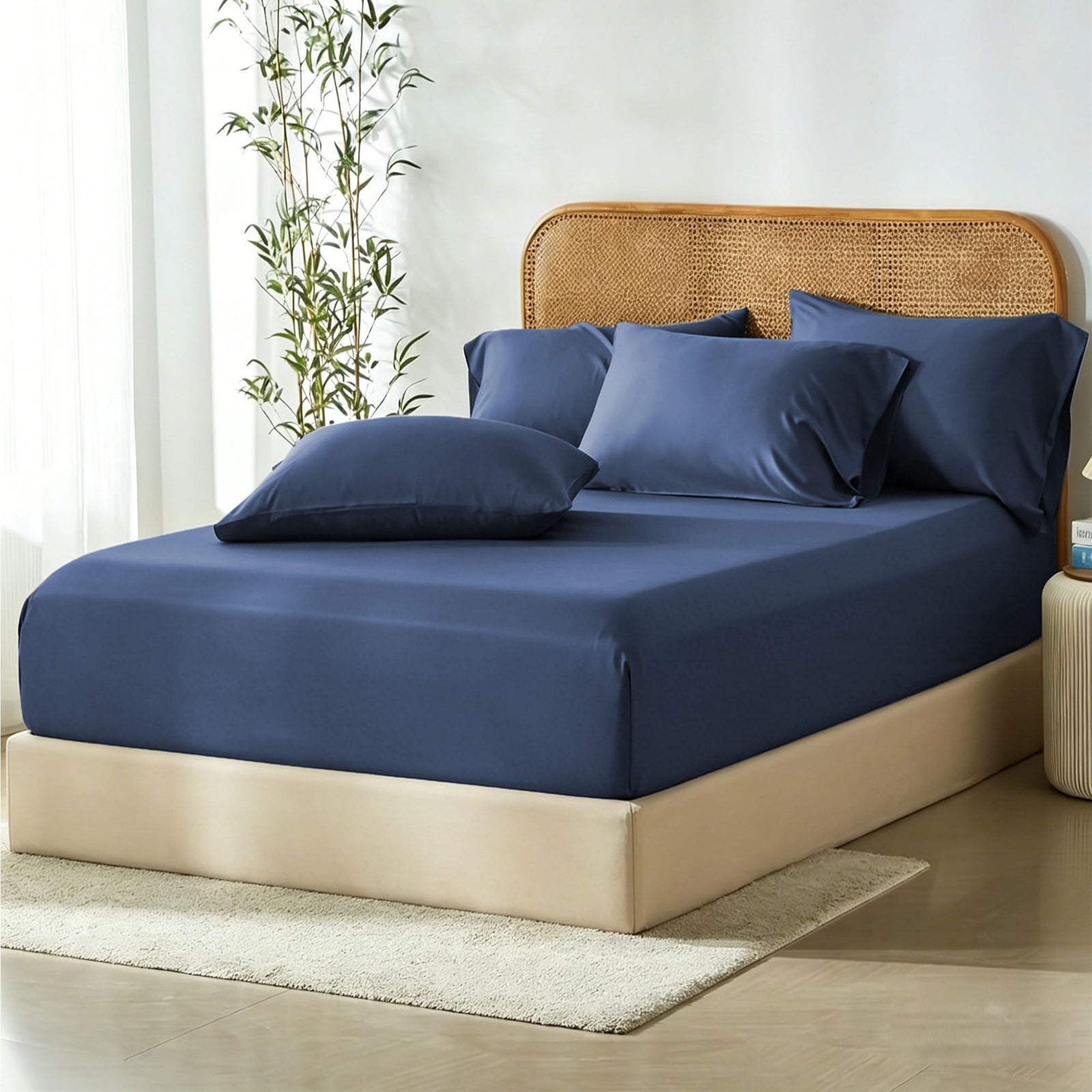 3 Piece Hotel Bamboo Cooling Fitted Sheet Set & Pillowcase -Ultra Soft 2000TC Breathable Fitted Bed Sheets Set with 37 Centimetre Deep Pocket-Cooling Sheets for Hot Sleepers(Navy,Queen)