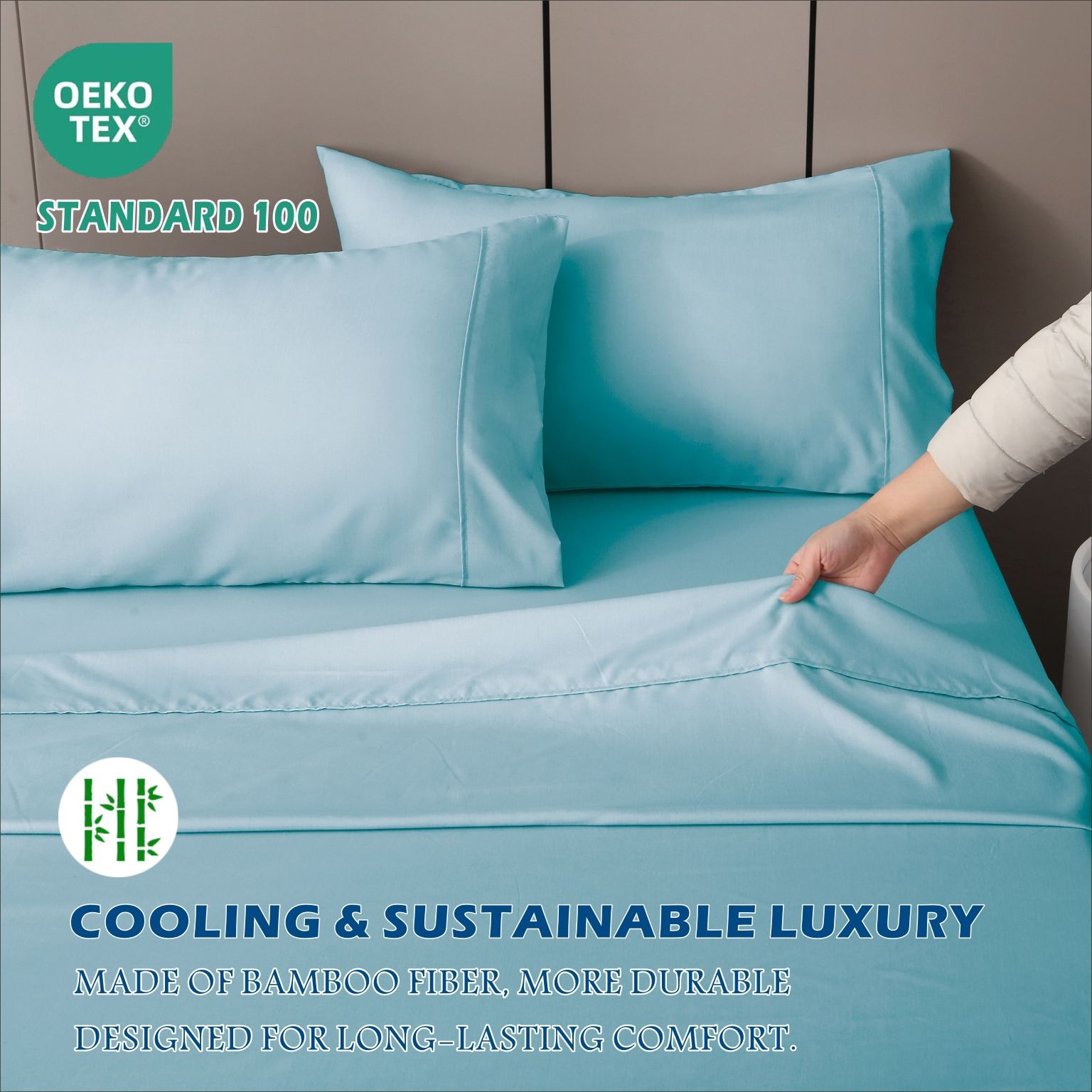 4 Piece Hotel Bamboo Cooling Sheet Set -Ultra Soft 2000TC Breathable Bed Sheets Set with 37 Centimetre Deep Pocket-Cooling Sheets for Hot Sleepers(Sky Blue,Queen)