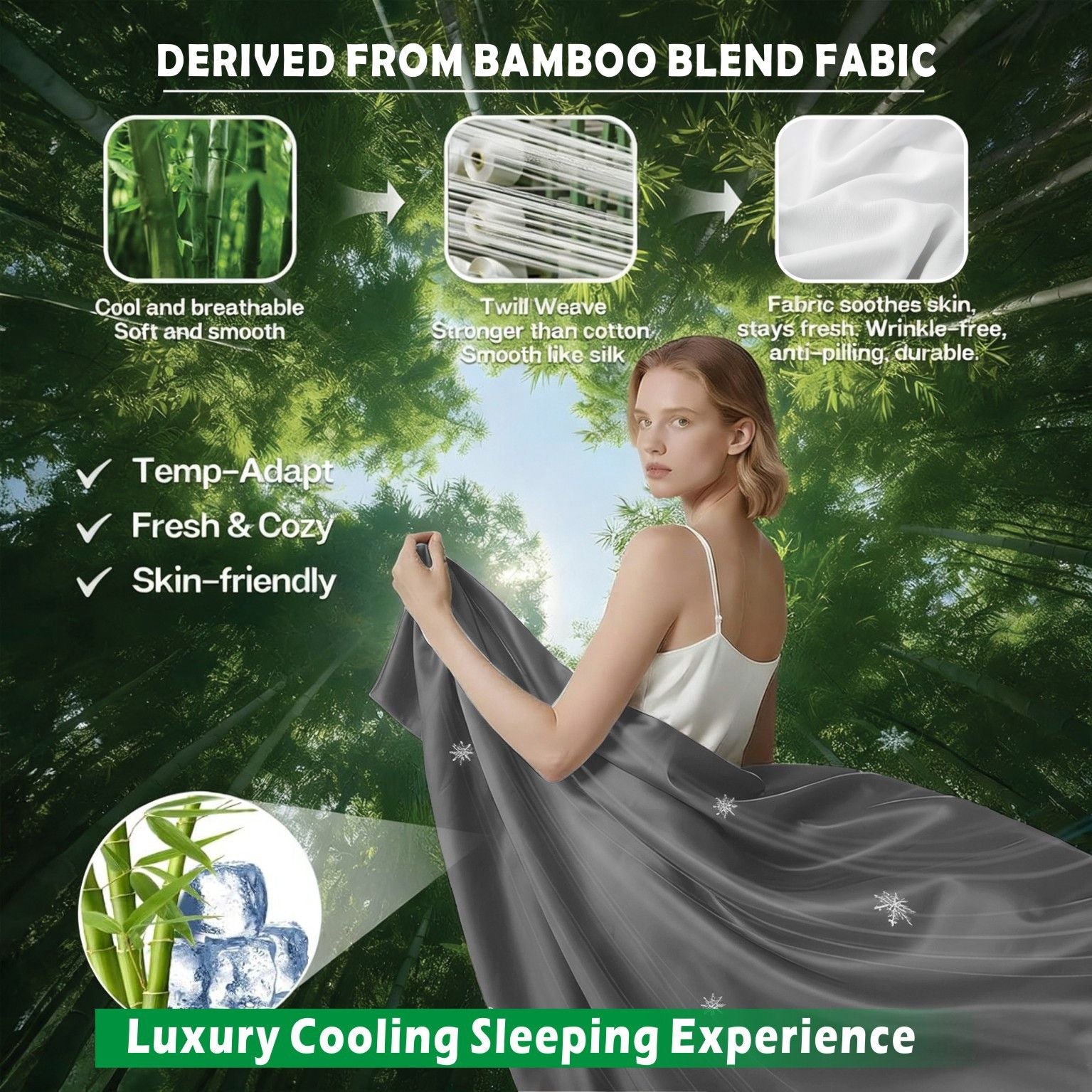 3 Piece Hotel Bamboo Cooling Sheet Set -Ultra Soft 2000TC Breathable Bed Sheets Set with 37 Centimetre Deep Pocket-Cooling Sheets for Hot Sleepers(Grey,Single)