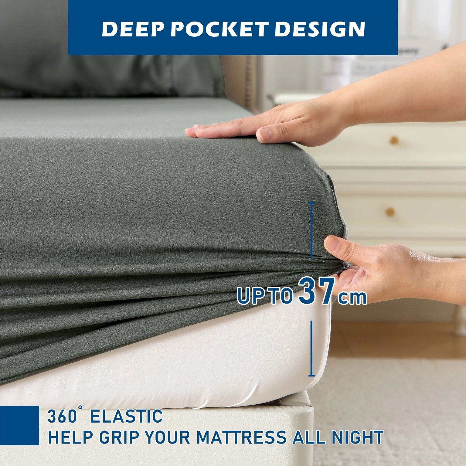 3 Piece Hotel Bamboo Cooling Sheet Set -Ultra Soft 2000TC Breathable Bed Sheets Set with 37 Centimetre Deep Pocket-Cooling Sheets for Hot Sleepers(Grey,Single)