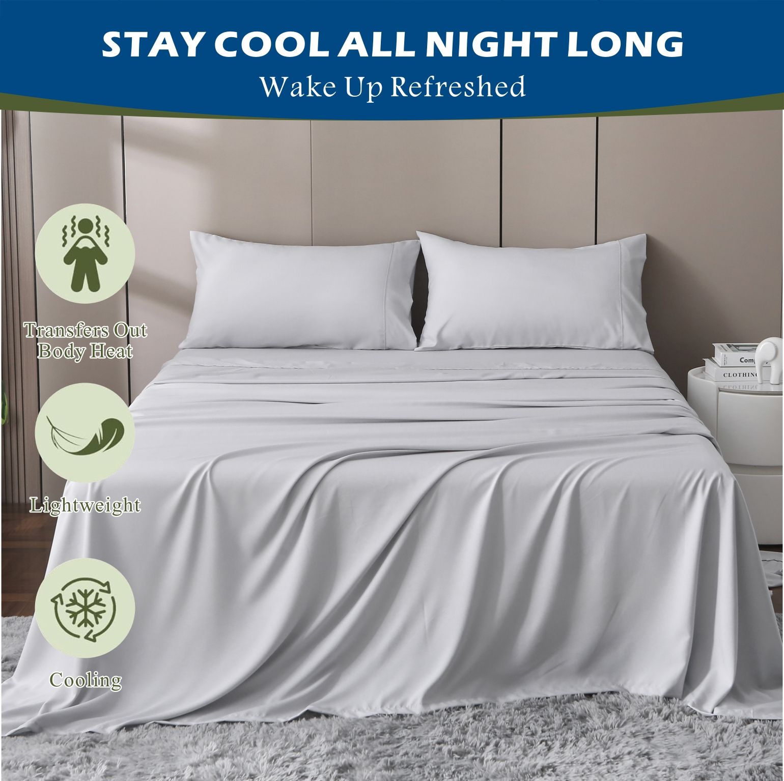 3 Piece Hotel Bamboo Cooling Sheet Set -Ultra Soft 2000TC Breathable Bed Sheets Set with 37 Centimetre Deep Pocket-Cooling Sheets for Hot Sleepers(Silver-gray,Single)