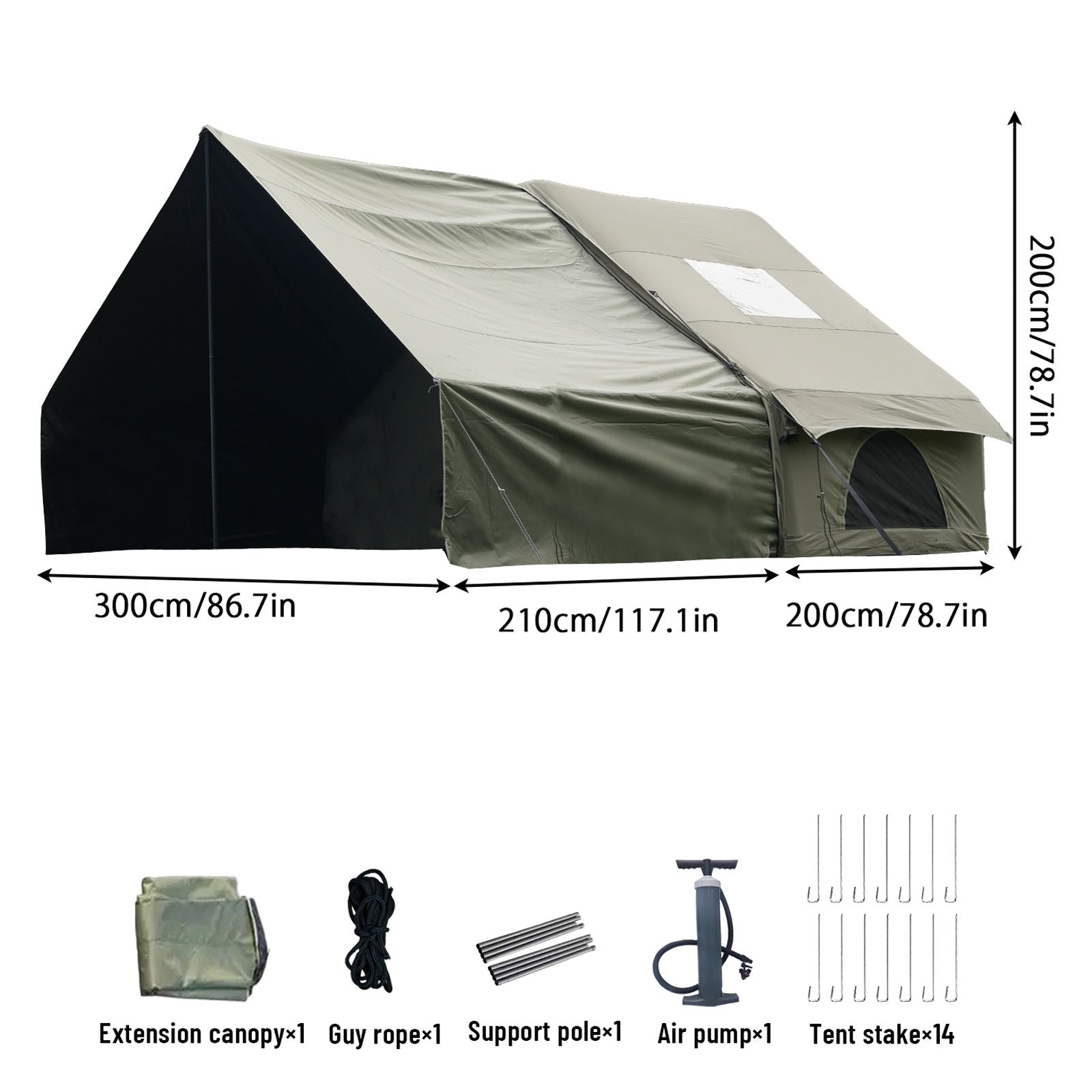 Dark Green Inflatable Camping Tent with Canopy, Large 4-6 Person, Waterproof, Heavy Duty Cabin Glamping Hiking Blow Up Tent with Awning Extension Porch and Air Pump