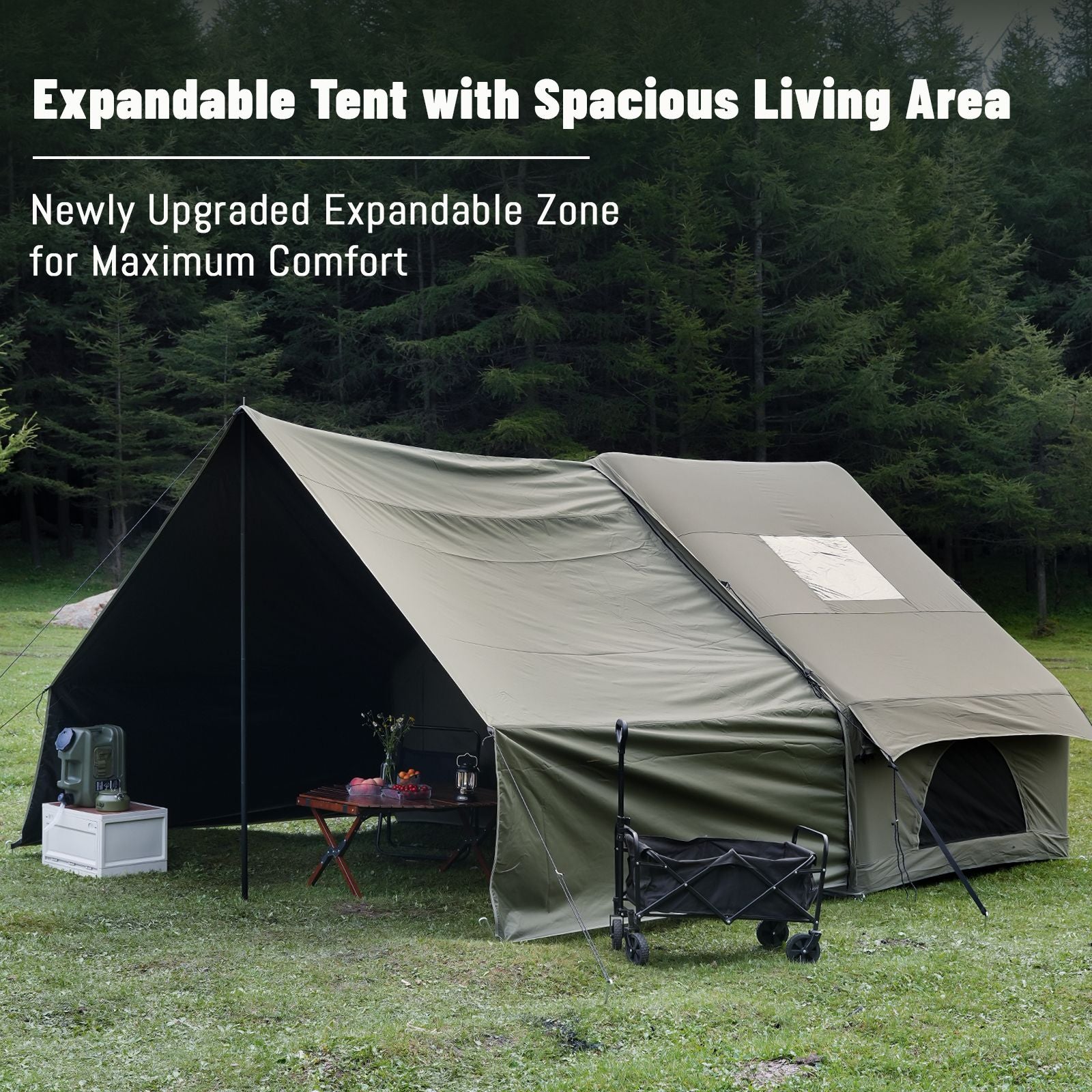 Dark Green Inflatable Camping Tent with Canopy, Large 4-6 Person, Waterproof, Heavy Duty Cabin Glamping Hiking Blow Up Tent with Awning Extension Porch and Air Pump
