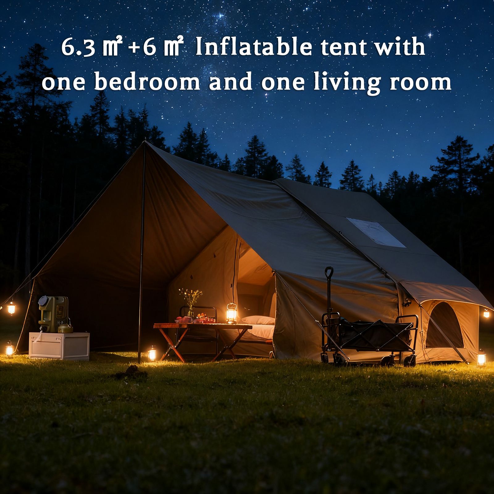 Dark Green Inflatable Camping Tent with Canopy, Large 4-6 Person, Waterproof, Heavy Duty Cabin Glamping Hiking Blow Up Tent with Awning Extension Porch and Air Pump