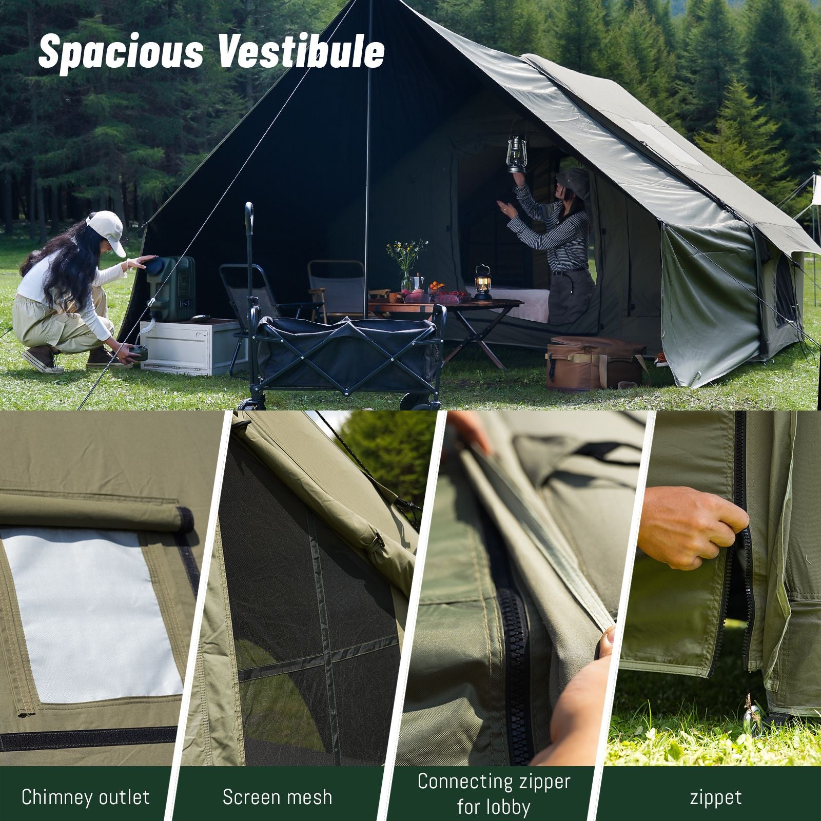Dark Green Inflatable Camping Tent with Canopy, Large 4-6 Person, Waterproof, Heavy Duty Cabin Glamping Hiking Blow Up Tent with Awning Extension Porch and Air Pump