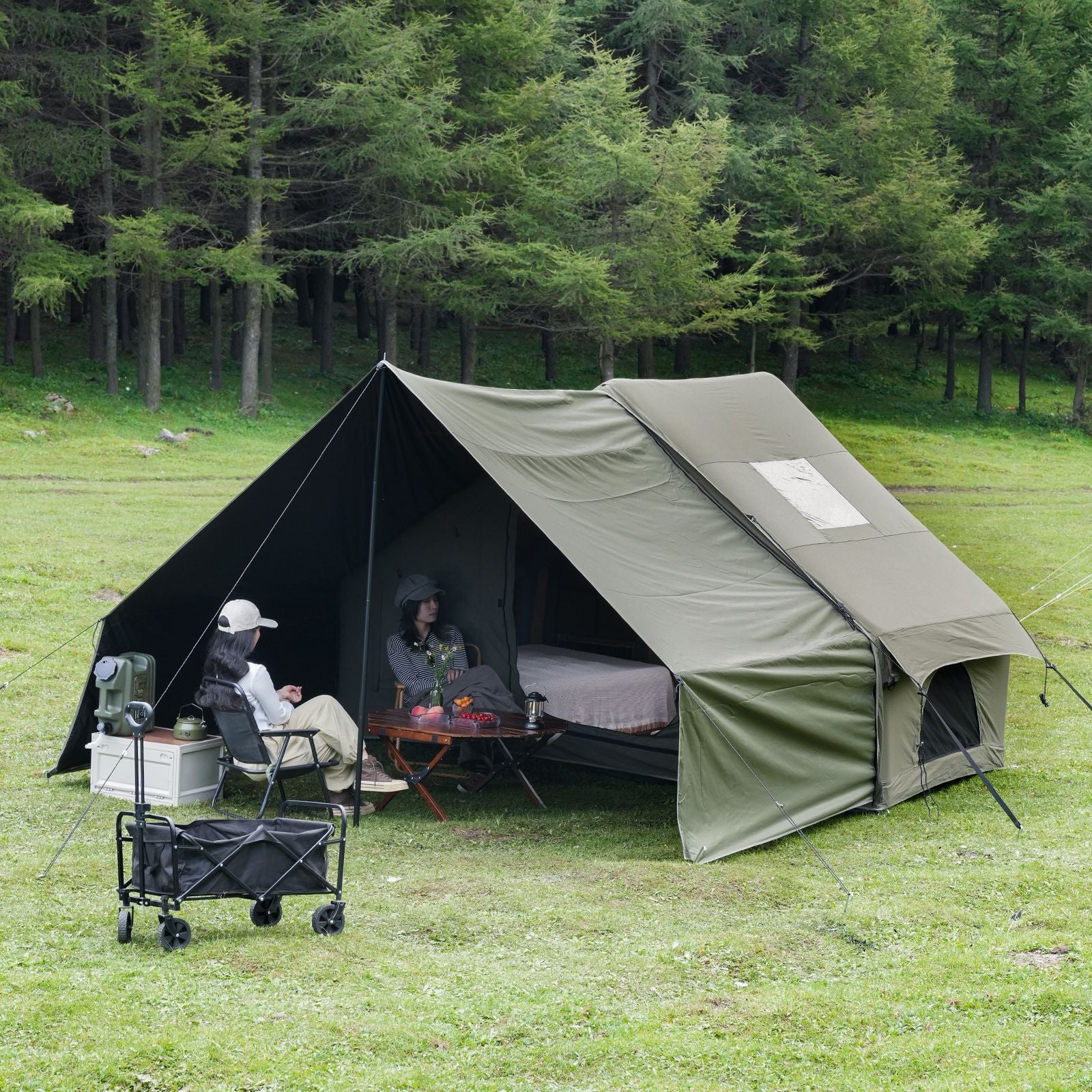 Dark Green Inflatable Camping Tent with Canopy, Large 4-6 Person, Waterproof, Heavy Duty Cabin Glamping Hiking Blow Up Tent with Awning Extension Porch and Air Pump