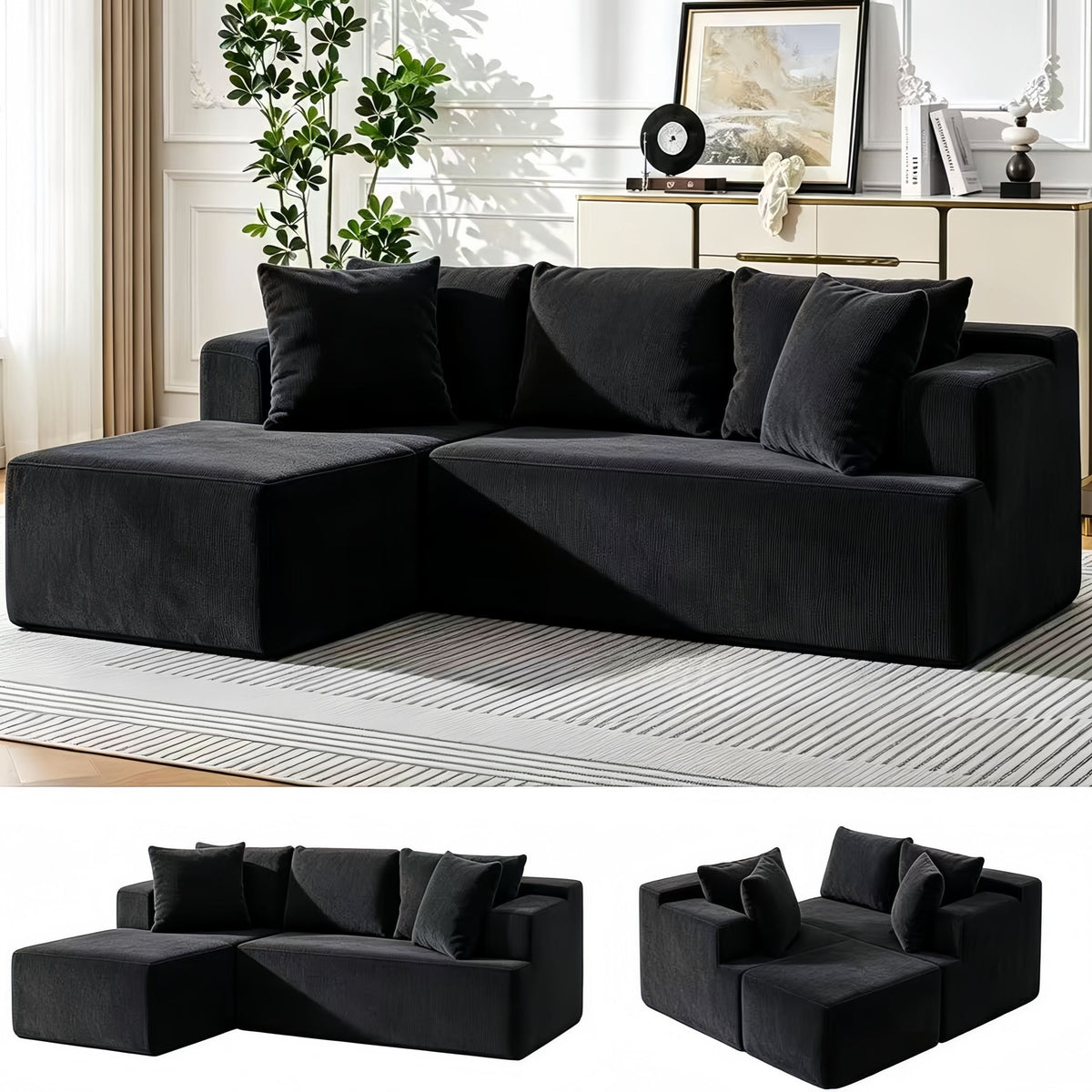 Couch Modular Sectional 3 Seater Sofa L-Shaped Black,81