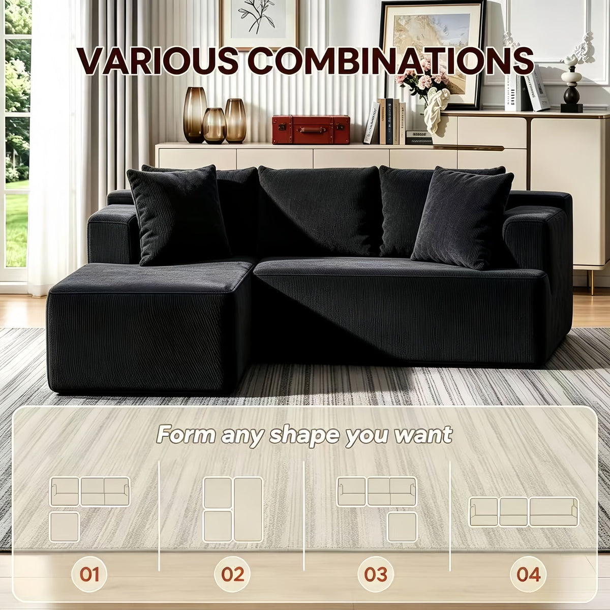 Couch Modular Sectional 3 Seater Sofa L-Shaped Black,81