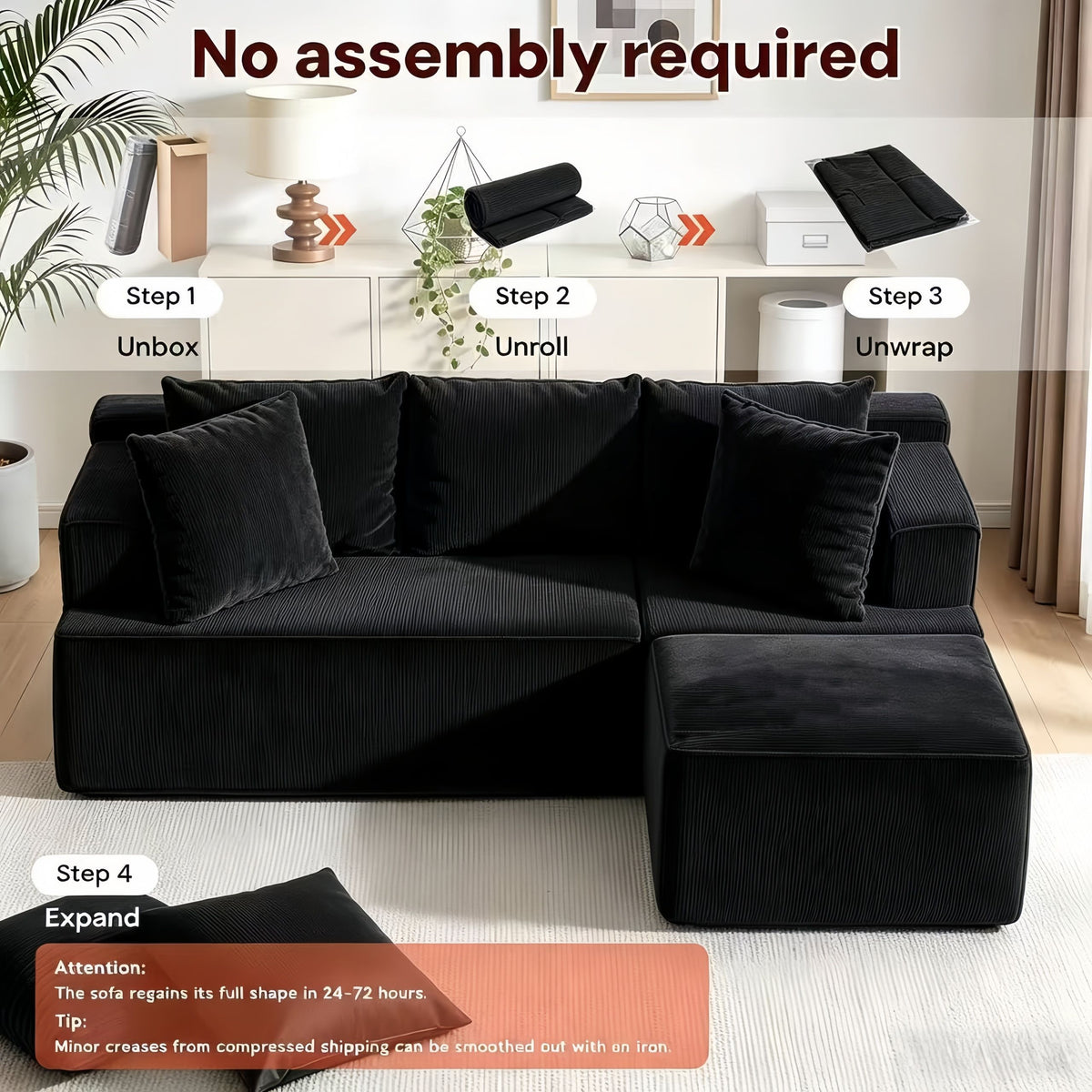 Couch Modular Sectional 3 Seater Sofa L-Shaped Black,81