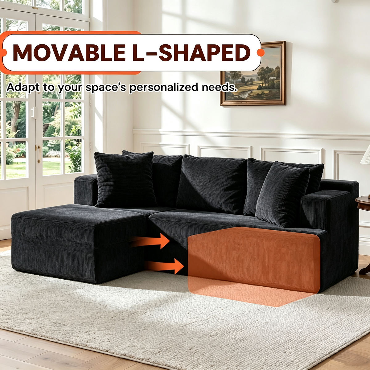 Couch Modular Sectional 3 Seater Sofa L-Shaped Black,81