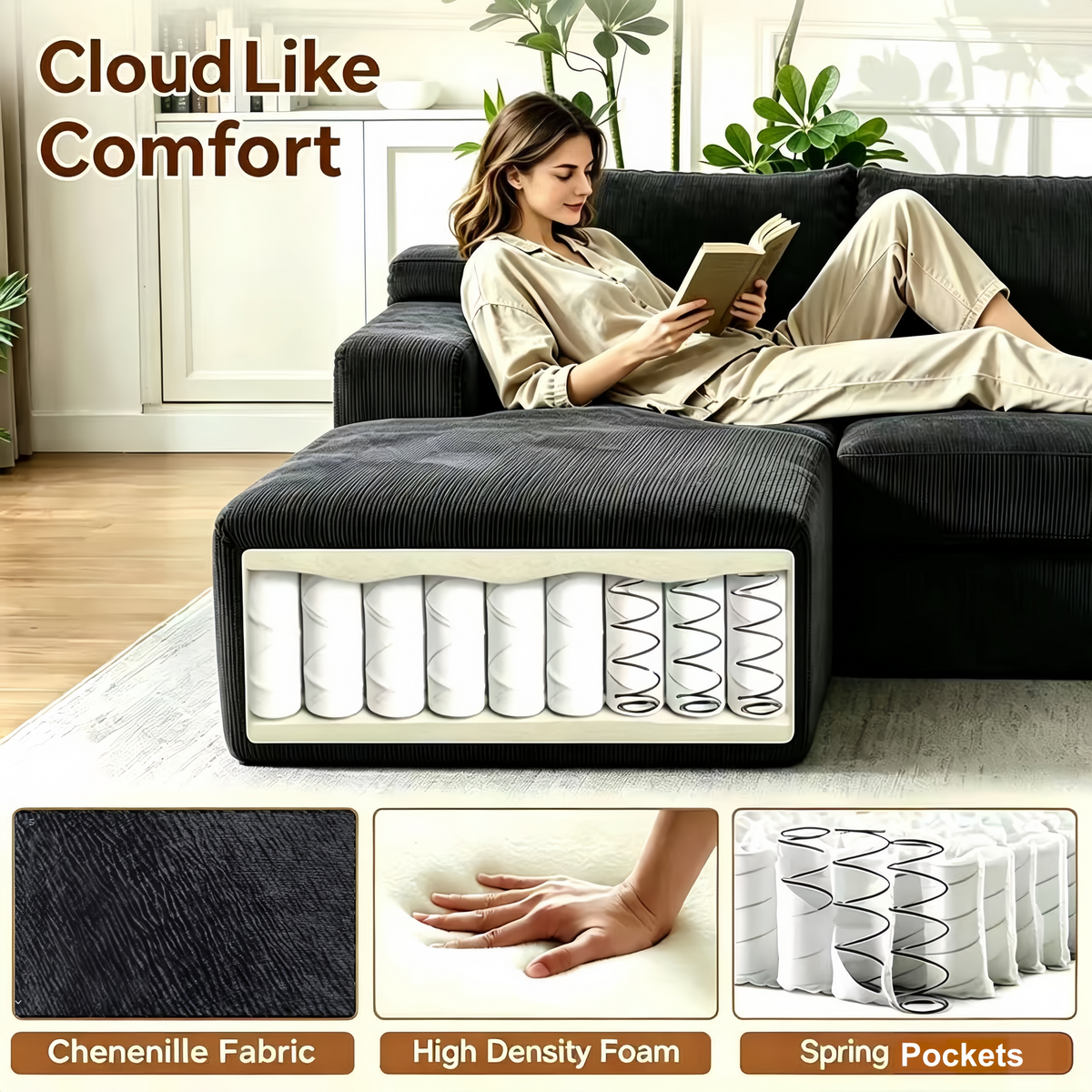 Couch Modular Sectional 3 Seater Sofa L-Shaped Black,81