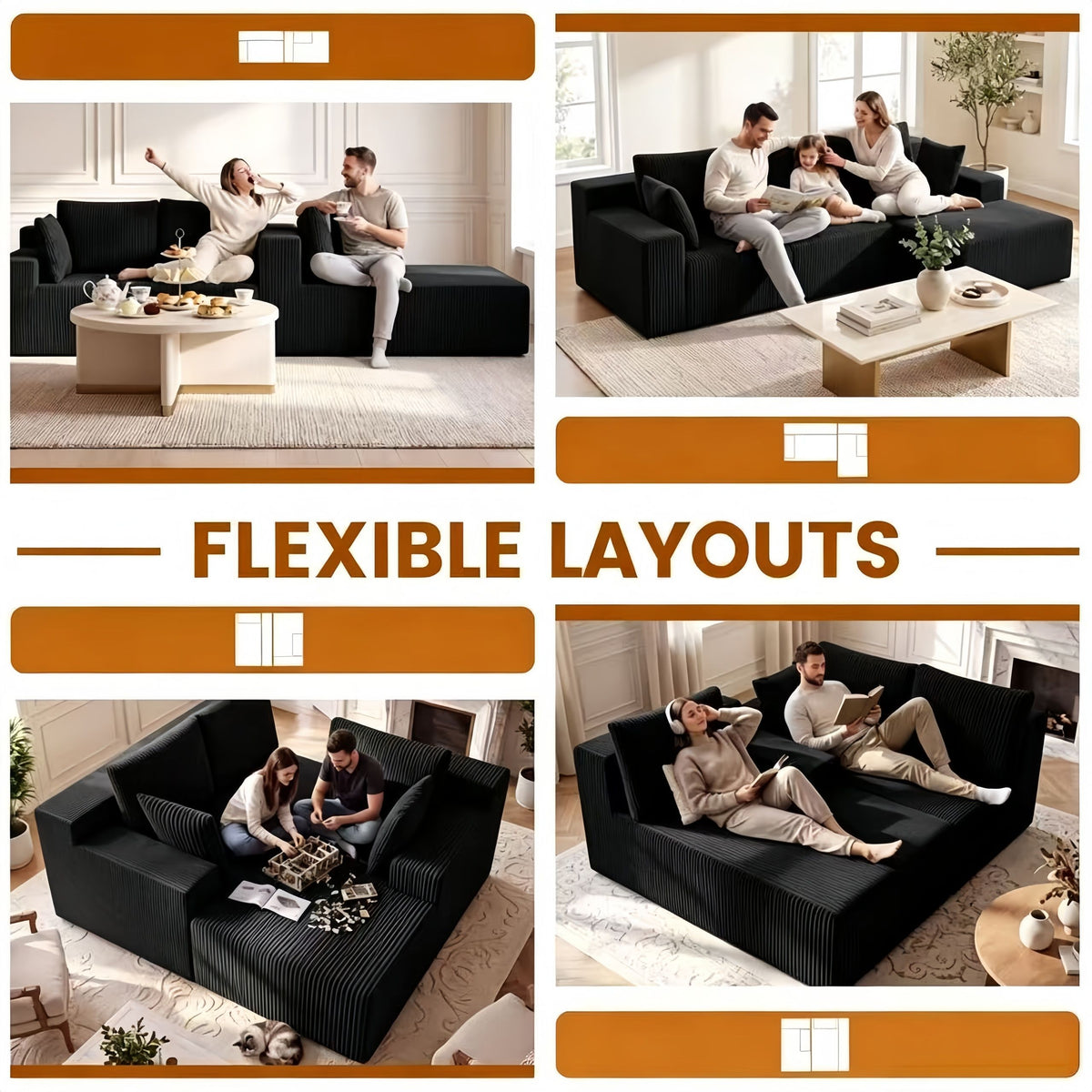 Couch Modular Sectional 3 Seater Sofa L-Shaped Black,81