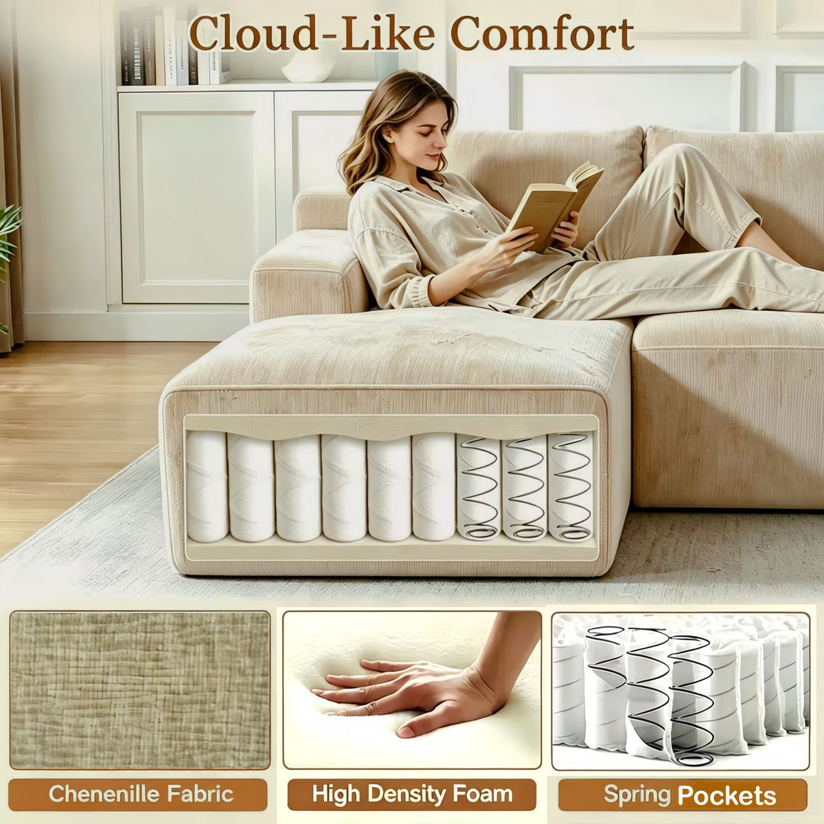 Couch Modular Sectional 3 Seater Sofa L-Shaped Khaki，81
