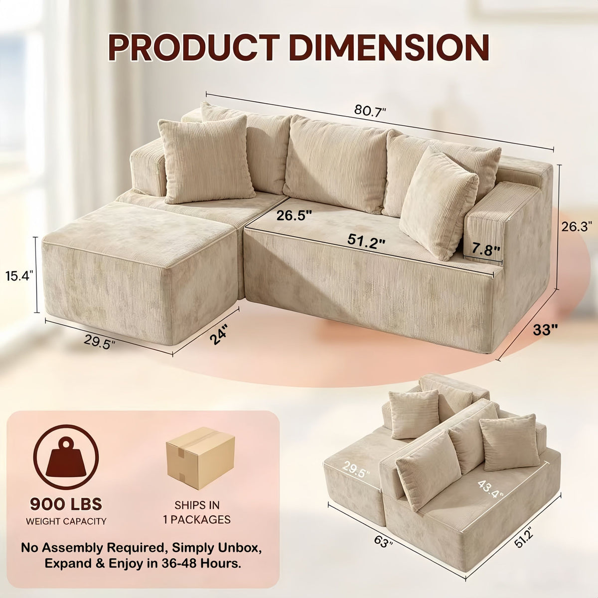 Couch Modular Sectional 3 Seater Sofa L-Shaped Khaki，81