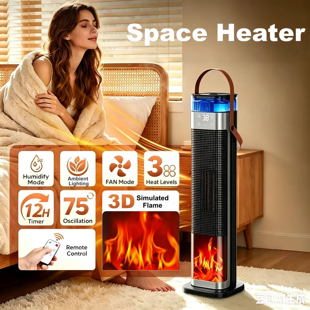 2-in-1 PTC Ceramic Tower Space Heater with Built-In Humidifier, Compact