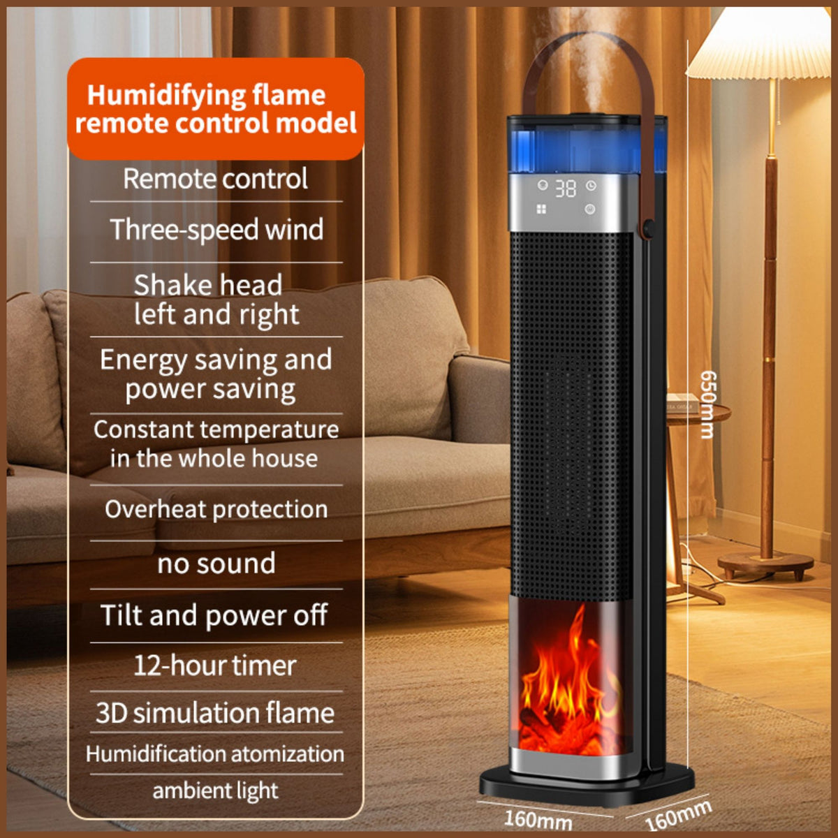 2-in-1 PTC Ceramic Tower Space Heater with Built-In Humidifier, Compact
