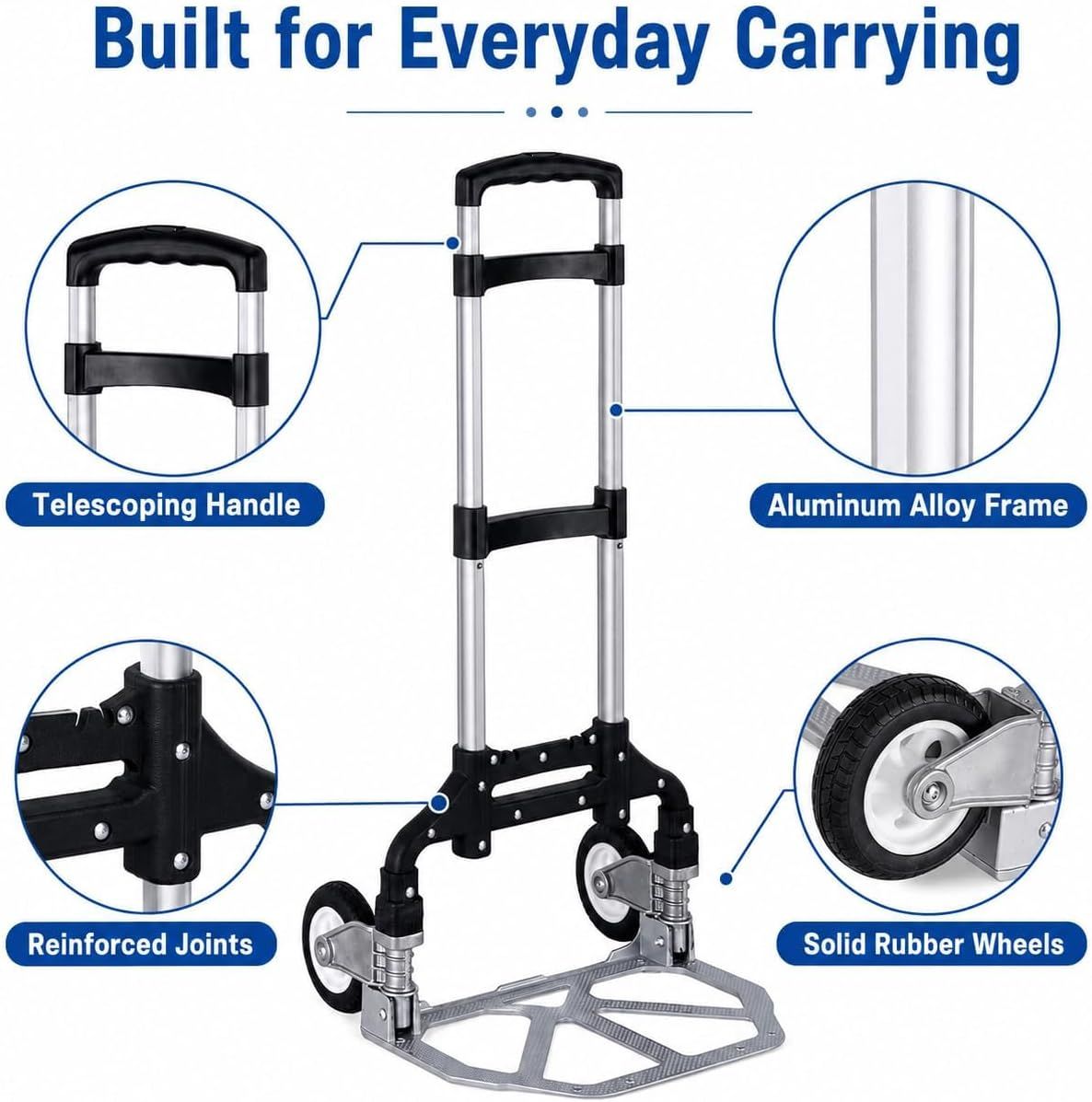 Folding Hand Truck, 1 Pack Portable Dolly Cart with Telescoping Handle, Lightweight Aluminum Alloy Foldable Hand Truck with Solid Rubber Wheels, Compact Moving Cart for Home, Office, Shopping, Travel