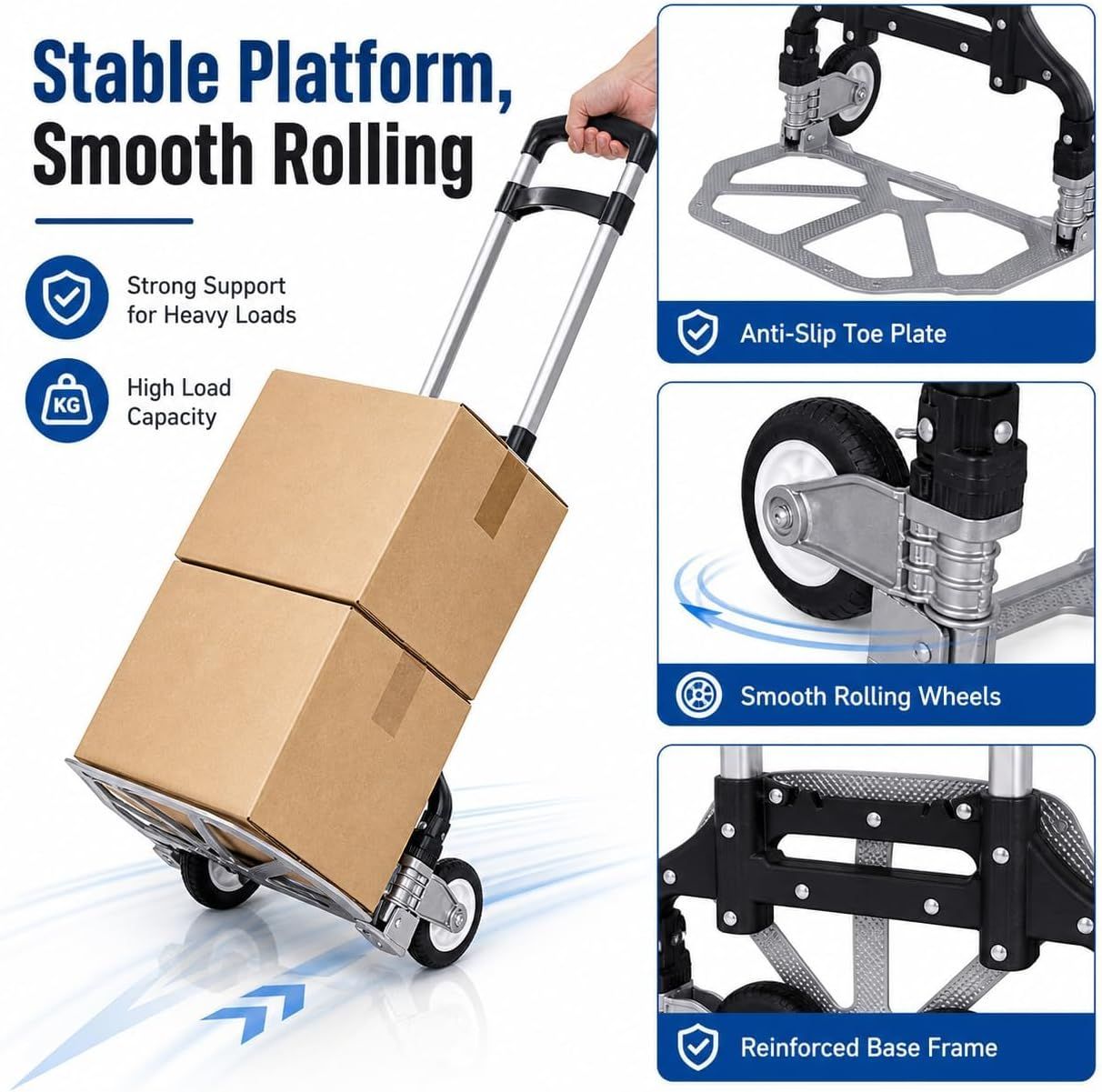 Folding Hand Truck, 1 Pack Portable Dolly Cart with Telescoping Handle, Lightweight Aluminum Alloy Foldable Hand Truck with Solid Rubber Wheels, Compact Moving Cart for Home, Office, Shopping, Travel