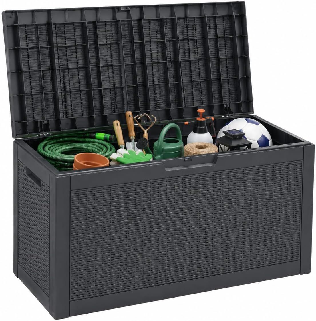 60 Gallon Outdoor Storage Deck Box, 227L Resin Patio Storage Box with Lockable Lid, Waterproof-Look Rattan Deck Box for Cushions, Garden Tools, Pool Accessories, Toys, Patio, Garden and Porch
