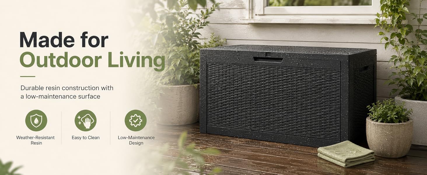 60 Gallon Outdoor Storage Deck Box, 227L Resin Patio Storage Box with Lockable Lid, Waterproof-Look Rattan Deck Box for Cushions, Garden Tools, Pool Accessories, Toys, Patio, Garden and Porch