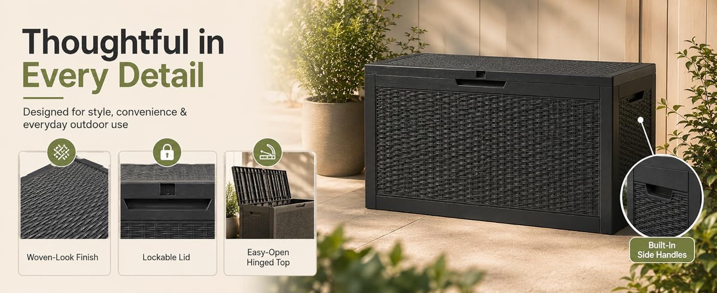 60 Gallon Outdoor Storage Deck Box, 227L Resin Patio Storage Box with Lockable Lid, Waterproof-Look Rattan Deck Box for Cushions, Garden Tools, Pool Accessories, Toys, Patio, Garden and Porch