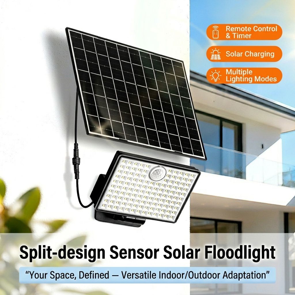 Split-Type Solar Powered Motion Sensor Floodlight with Detachable Panel, Dual Mounting Brackets, IP65 Waterproof, 6500K Cool White or 3000K Warm White Options, Ideal for Driveways, Patios, Entryways, and Emergency Indoor Use (1PCS, 3000K Warm White)
