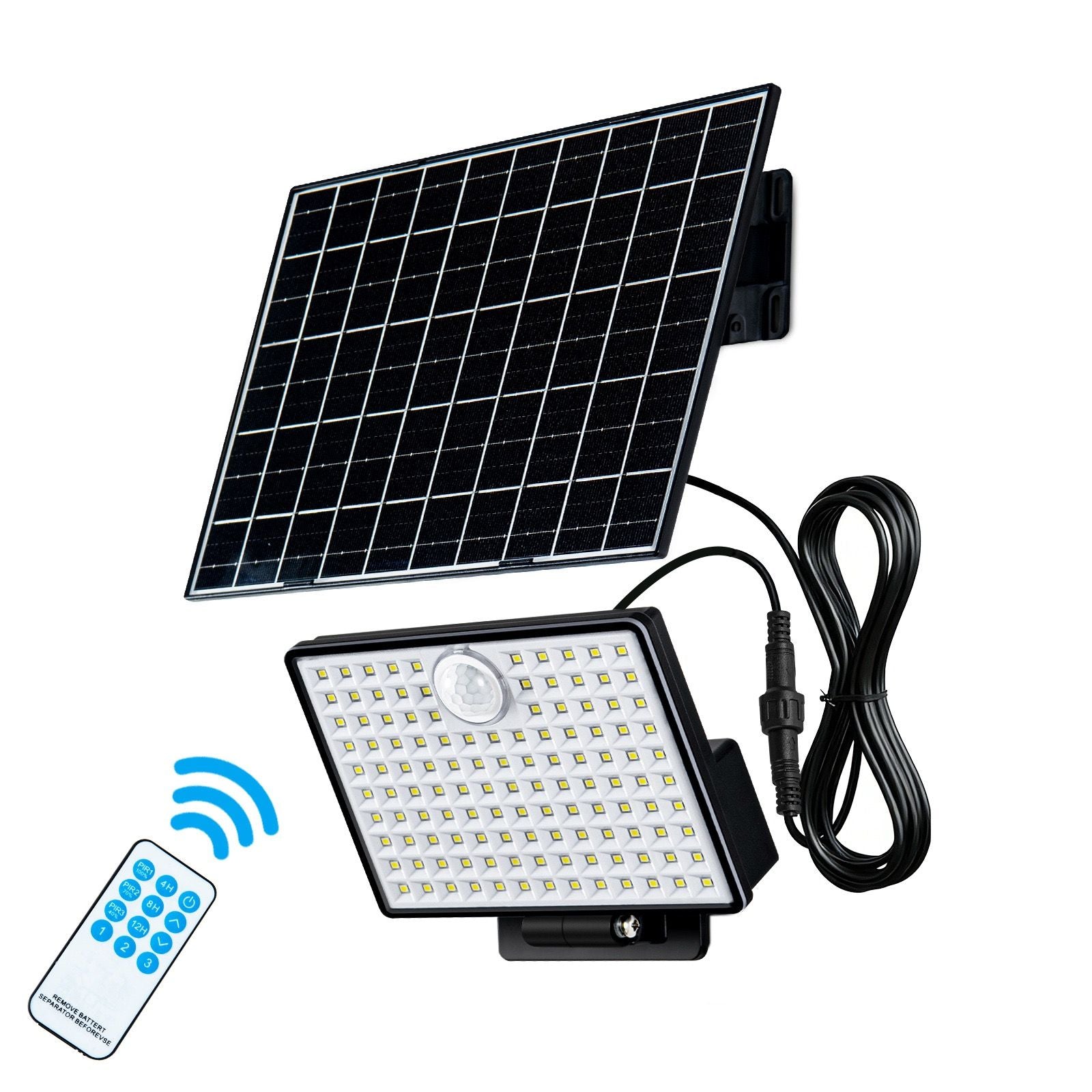 Split-Type Solar Powered Motion Sensor Floodlight with Detachable Panel, Dual Mounting Brackets, IP65 Waterproof, 6500K Cool White or 3000K Warm White Options, Ideal for Driveways, Patios, Entryways, and Emergency Indoor Use (1PCS, 3000K Warm White)