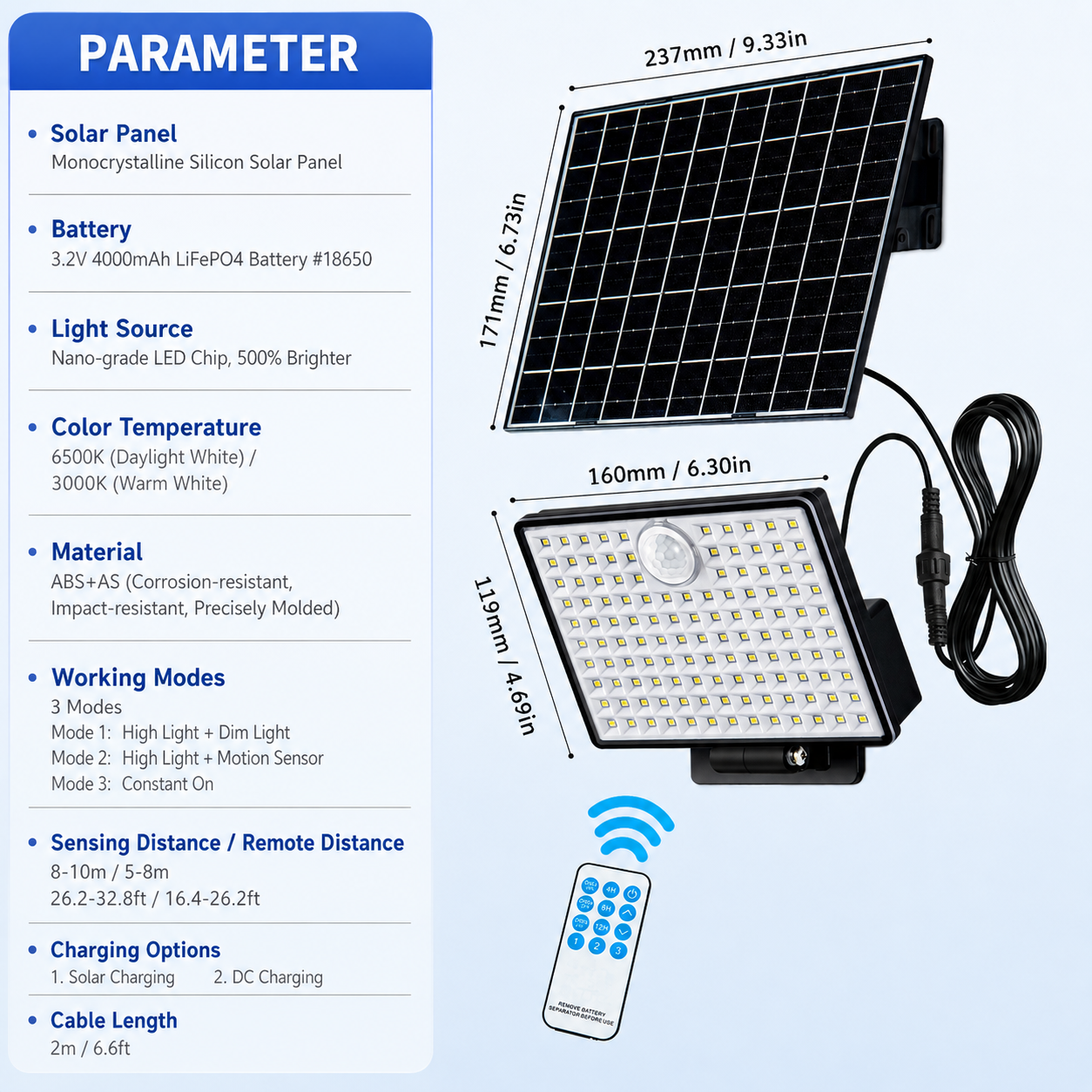 Split-Type Solar Powered Motion Sensor Floodlight with Detachable Panel, Dual Mounting Brackets, IP65 Waterproof, 6500K Cool White or 3000K Warm White Options, Ideal for Driveways, Patios, Entryways, and Emergency Indoor Use (1PCS, 6500K Cool White)