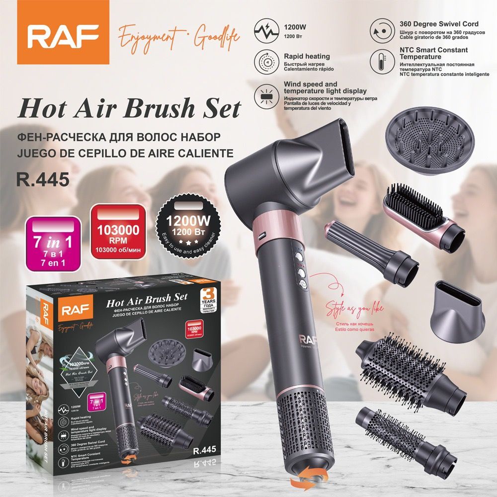 7-in-1 Hot Air Styling Brush Set with Interchangeable Attachments for Home and Salon Use – Dry, Straighten, Curl, and Add Volume with Professional-Grade Power and Precision (RoseGold)
