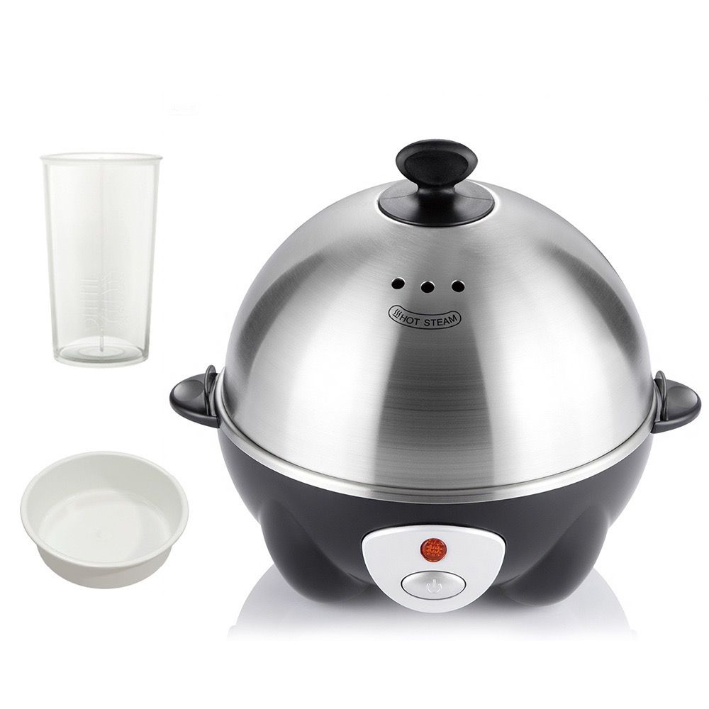 Electric Egg Cooker for 7 Eggs with Automatic Shut-Off, One-Button Operation for Hard-Boiled, Soft-Boiled, and Poached Eggs, Compact Stainless Steel Steamer for Quick Breakfast and Daily Meals (Silver)