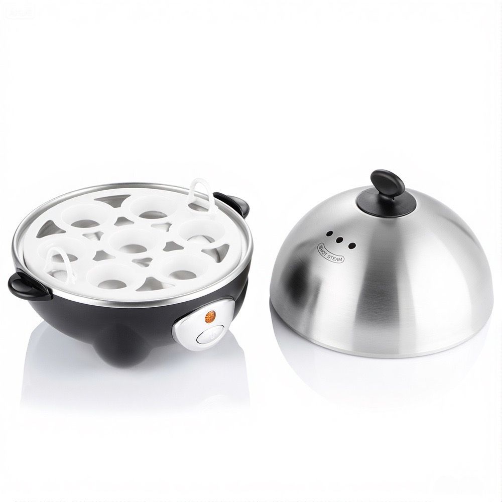 Electric Egg Cooker for 7 Eggs with Automatic Shut-Off, One-Button Operation for Hard-Boiled, Soft-Boiled, and Poached Eggs, Compact Stainless Steel Steamer for Quick Breakfast and Daily Meals (Silver)