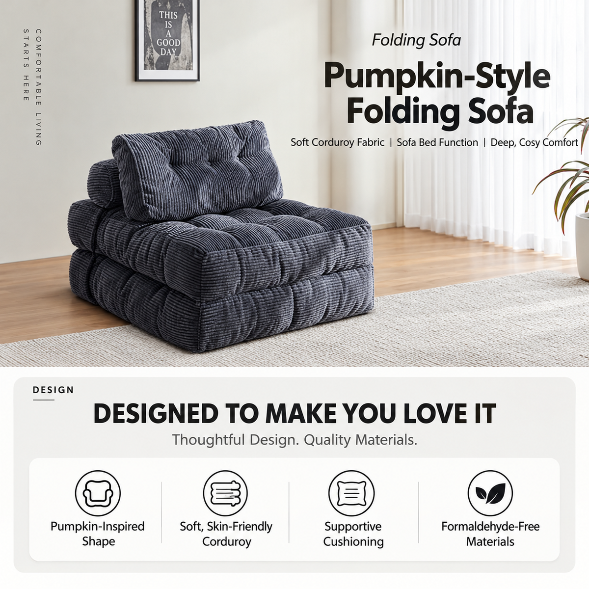 Convertible Folding Sofa Bed with Pumpkin Design, Corduroy Fabric, 3D Tufted Backrest, and Cylindrical Pillow for Living Room, Guest Room, and Small Apartments (Black)