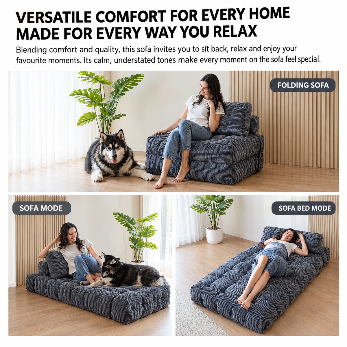 Convertible Folding Sofa Bed with Pumpkin Design, Corduroy Fabric, 3D Tufted Backrest, and Cylindrical Pillow for Living Room, Guest Room, and Small Apartments (Black)