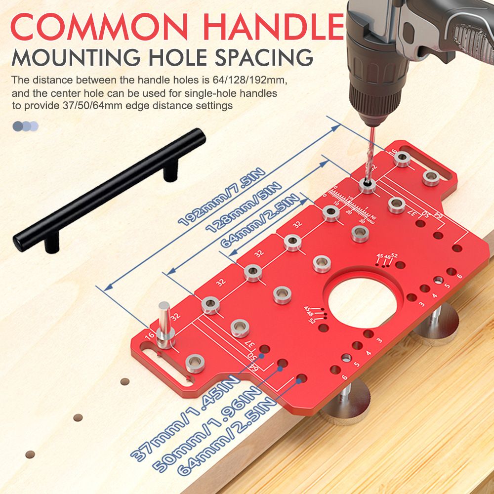 2-in-1 Cabinet Door Drilling Locator Template for Hinge and Handle Installation, Alloy Woodworking Punch Positioner with Scale Marks for Drawer Wardrobe File Cabinet Hardware Mounting (2-in-1 Drilling Jig with Row Hole Guide & Drill Bits Set)