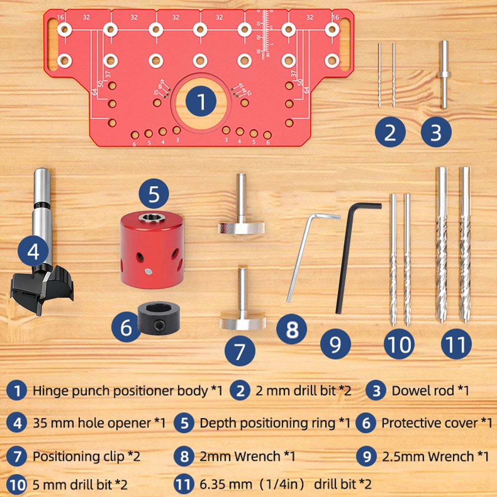 2-in-1 Cabinet Door Drilling Locator Template for Hinge and Handle Installation, Alloy Woodworking Punch Positioner with Scale Marks for Drawer Wardrobe File Cabinet Hardware Mounting (2-in-1 Drilling Jig with Row Hole Guide & Drill Bits Set)