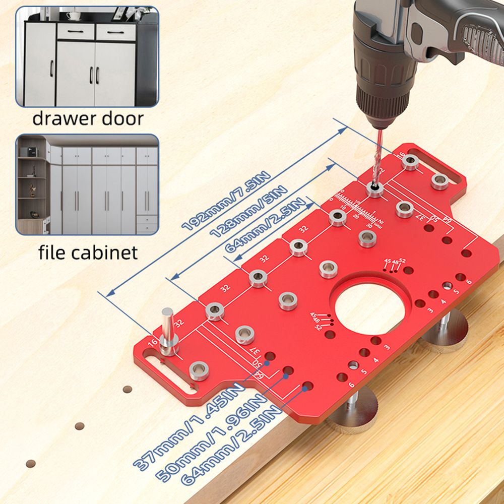 2-in-1 Cabinet Door Drilling Locator Template for Hinge and Handle Installation, Alloy Woodworking Punch Positioner with Scale Marks for Drawer Wardrobe File Cabinet Hardware Mounting (2-in-1 Drilling Jig with Row Hole Guide & Drill Bits Set)