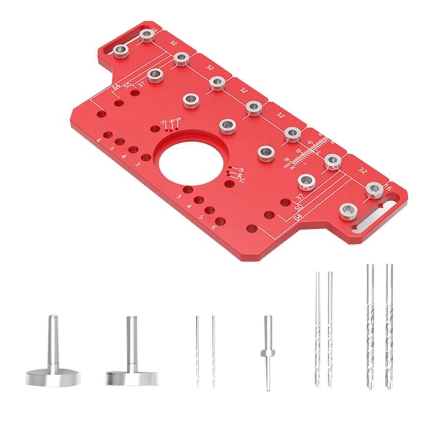2-in-1 Cabinet Door Drilling Locator Template for Hinge and Handle Installation, Alloy Woodworking Punch Positioner with Scale Marks for Drawer Wardrobe File Cabinet Hardware Mounting (2-in-1 Drilling Jig with Row Hole Guide & Drill Bits Set)