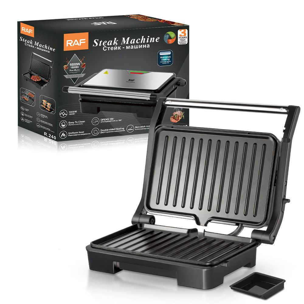 1000W Electric Indoor Grill and Panini Press with Non-Stick Double-Sided Plates, 180-Degree Open Flat Design for Steaks, Skewers, Sausages and Sandwiches, Compact Countertop Cooking Appliance for Everyday Home Meals (Silver)