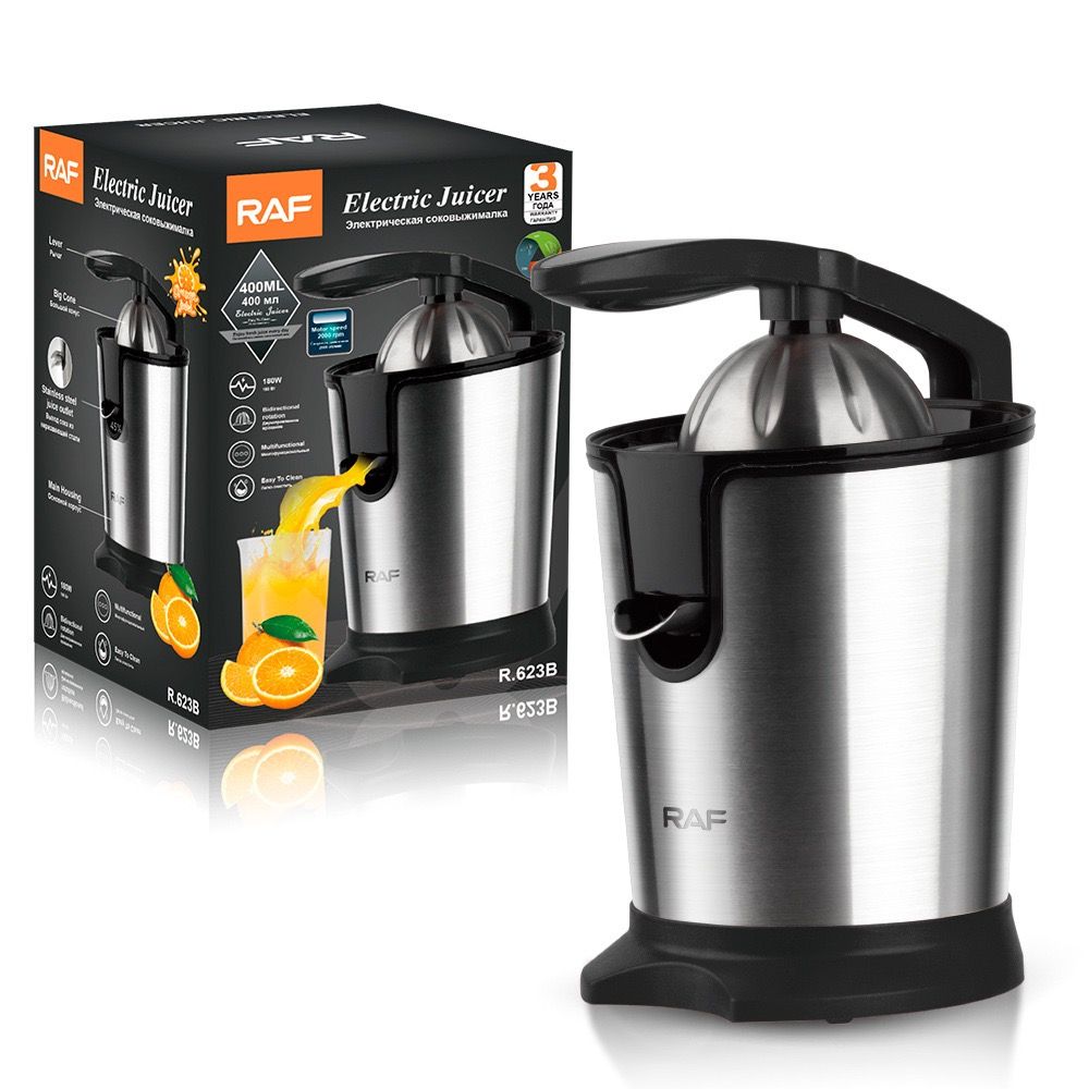 Electric Citrus Juicer with Stainless Steel Body and Dual-Color Press Arm – Effortlessly Squeeze Fresh Orange, Lemon, and Grapefruit Juice at Home with a Powerful Motor, Large 400mL Capacity, and Easy-Clean Detachable Parts for Daily Family Use. (Black)