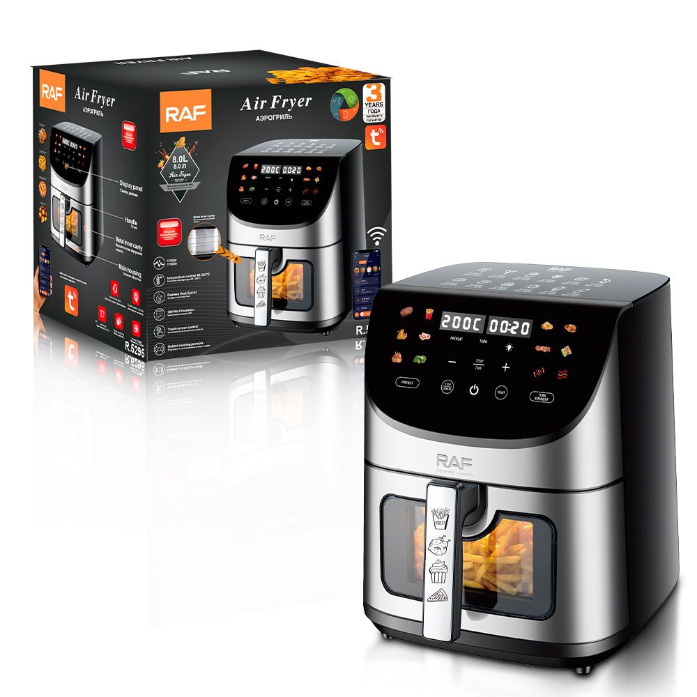 Smart Stainless Steel Air Fryer with Visible Glass Window, Touch and APP Control, Large Capacity for Oil-Free Cooking of Fries, Meat, Vegetables and Desserts in Home Kitchens (Silver)