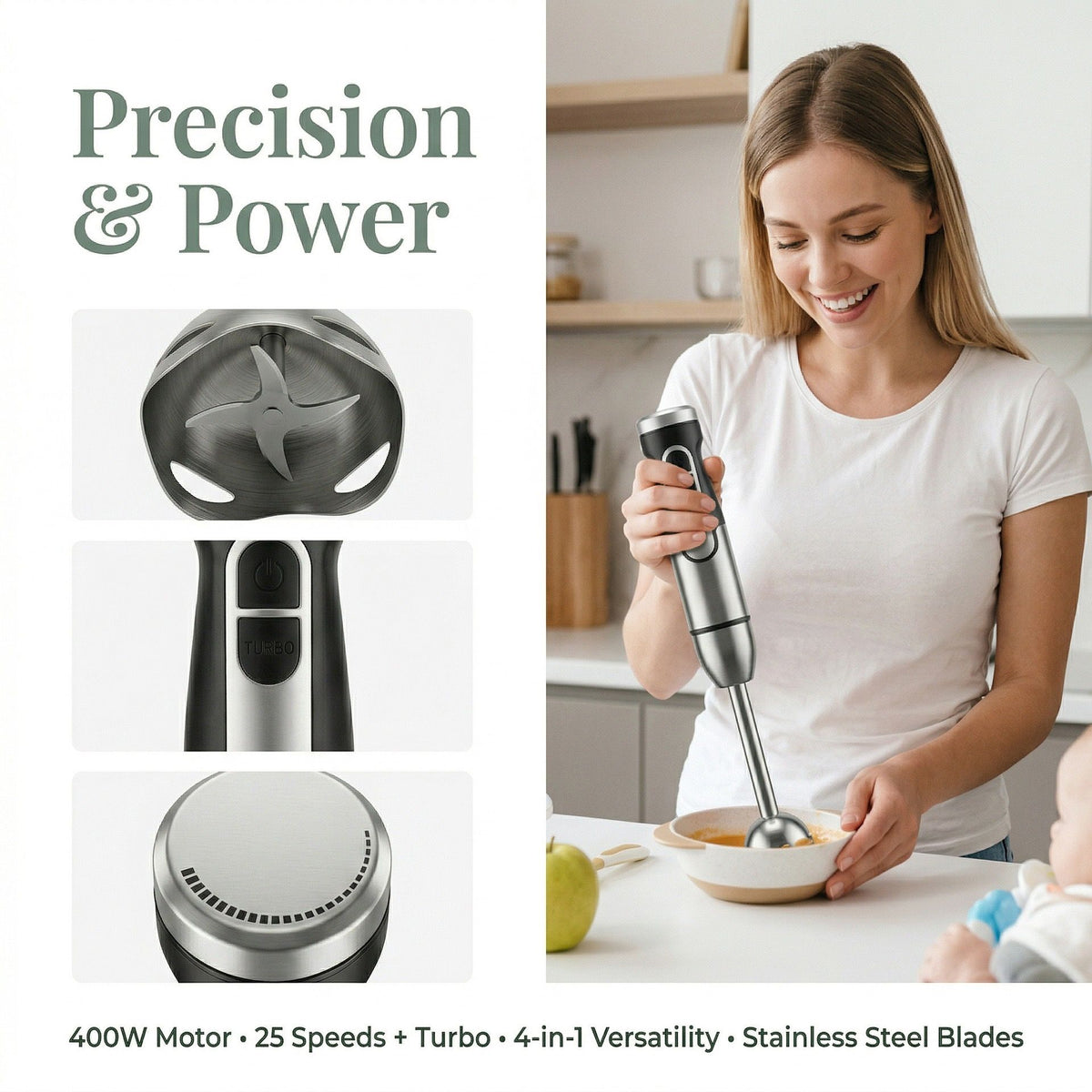 4-in-1 Multifunctional Hand Blender with 304 Stainless Steel Immersion Stick, Chopper Bowl, Whisk Attachment and Measuring Cup for Smoothies, Baby Food, Soups, Cream and Egg Whisking, and Vegetable Chopping in Home Kitchen (5-in-1)